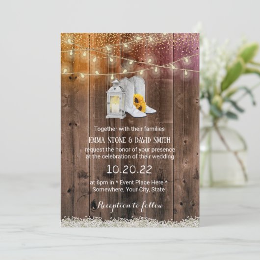 カウボーイヴィンテージランタン素朴ウッドカントリー結婚式 招待状 (スタンド正面)