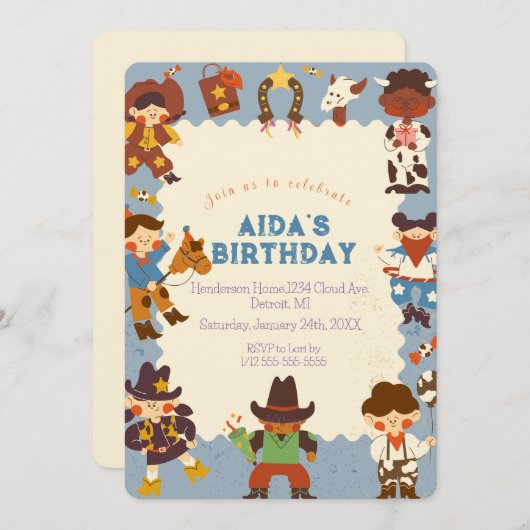 「カウボーイ丸め誕生日パーティーの招待状 招待状 (正面/裏面)