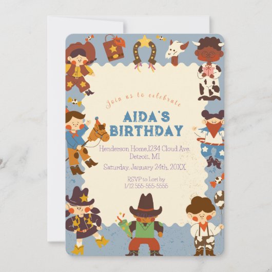 「カウボーイ丸め誕生日パーティーの招待状 招待状 (正面)