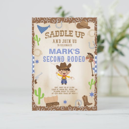 カウボーイ二番目のロデオ男の子の誕生日の招待。 招待状 (スタンド正面)