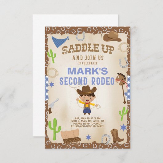 カウボーイ二番目のロデオ男の子の誕生日の招待。 招待状 (正面/裏面)
