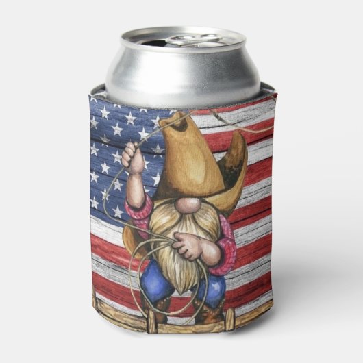 カウボーイ付き木製アメリカ国旗格言 缶クーラー (缶正面)