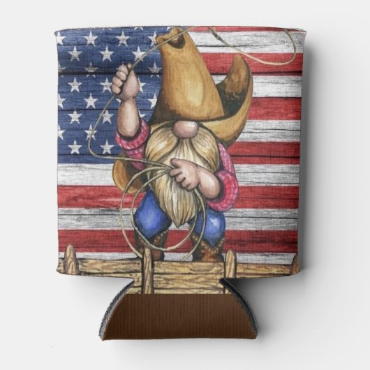 カウボーイ付き木製アメリカ国旗格言 缶クーラー (正面)