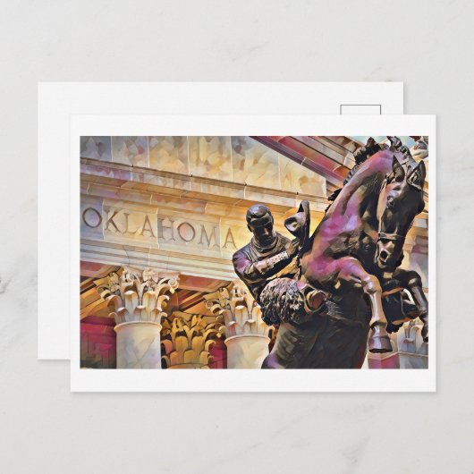 カウボーイ像の油絵とオクラホマキャピトル ポストカード (正面/裏面)