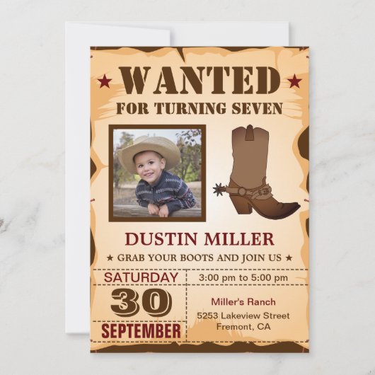 カウボーイ写真指名手配ポスター誕生日パーティー 招待状 (正面)