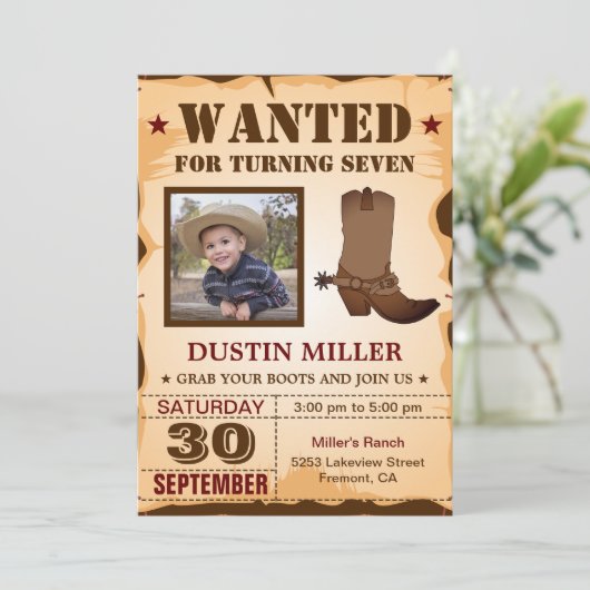 カウボーイ写真指名手配ポスター誕生日パーティー 招待状 (スタンド正面)