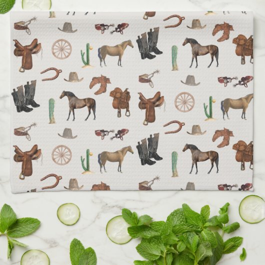 カウボーイ女性のカーボーイウエスタンロデオカントリーパターン キッチンタオル (折り畳み)