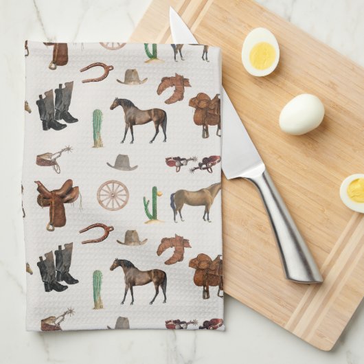 カウボーイ女性のカーボーイウエスタンロデオカントリーパターン キッチンタオル (四つ折り)