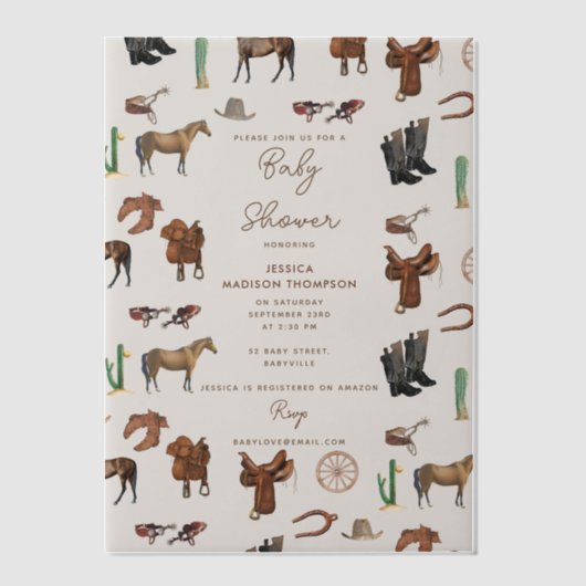カウボーイ女性のカーボーイウエスタンロデオカントリーベビーシャワー ベラム紙招待状 (正面)