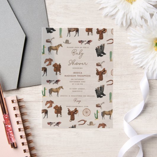 カウボーイ女性のカーボーイウエスタンロデオカントリーベビーシャワー ベラム紙招待状 (ウェディング)