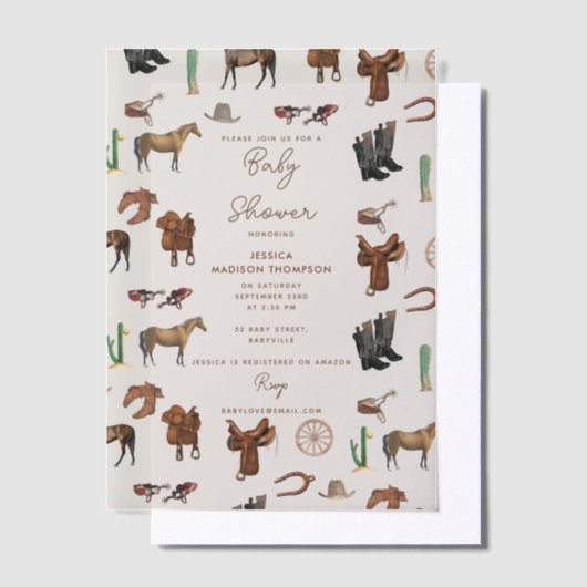 カウボーイ女性のカーボーイウエスタンロデオカントリーベビーシャワー ベラム紙招待状 (オフセット)