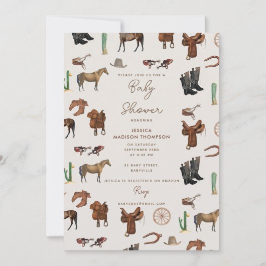 カウボーイ女性のカーボーイウエスタンロデオカントリーベビーシャワー 招待状 (正面)