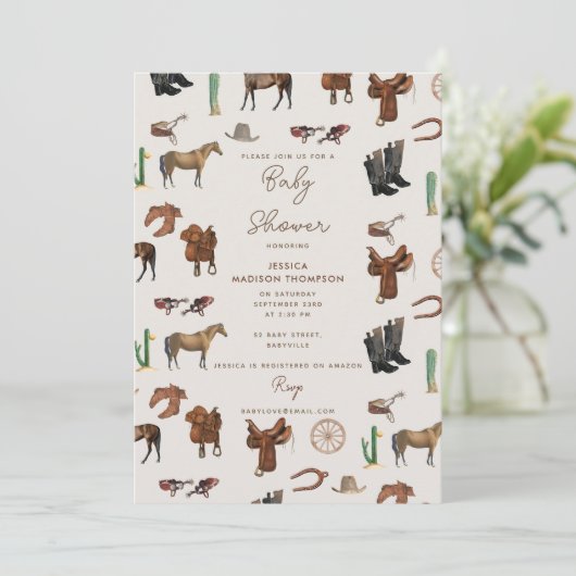 カウボーイ女性のカーボーイウエスタンロデオカントリーベビーシャワー 招待状 (スタンド正面)