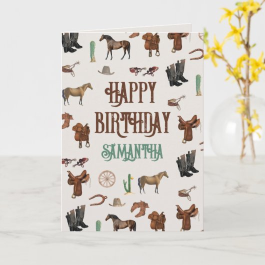 カウボーイ女性のカーボーイウエスタンロデオカントリー誕生日 カード (黄色い花)