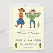 カウボーイ女性のカーボーイカートゥーンカップル結婚式招待状 招待状 (正面)