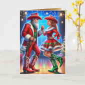 カウボーイ女性のカーボーイサンタカントリーダンサーのクリスマス カード (黄色い花)