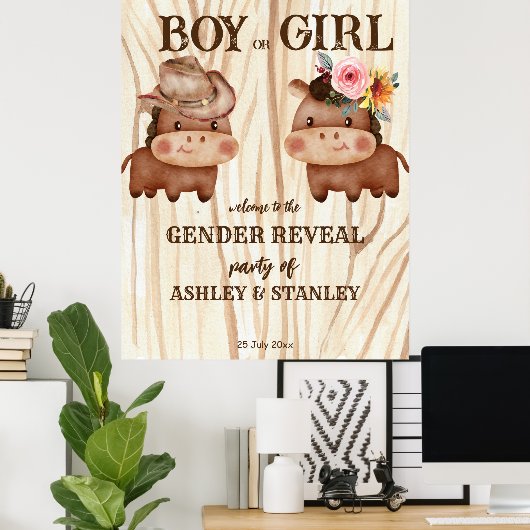 カウボーイ女性のカーボーイジェンダーがパーティー歓迎サインを明らかにする ポスター (ホームオフィス)