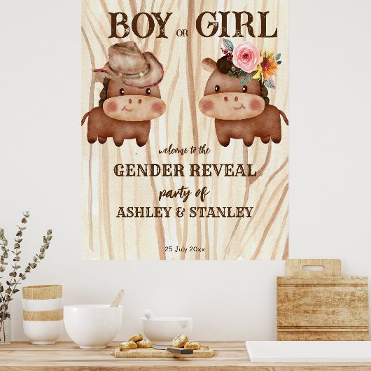 カウボーイ女性のカーボーイジェンダーがパーティー歓迎サインを明らかにする ポスター (キッチン)