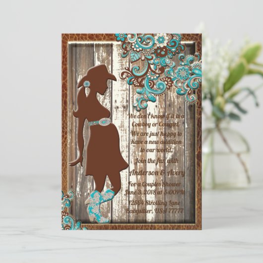 カウボーイ女性のカーボーイターコイズブラウンカップルズベビーシャワー 招待状 (スタンド正面)