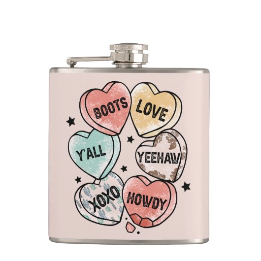 カウボーイ女性のカーボーイテーマハート フラスク (正面)