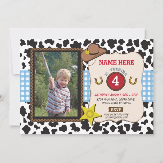 カウボーイ女性のカーボーイフォトバースデーパーティーシェリフ招待状 招待状 (正面)