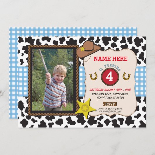 カウボーイ女性のカーボーイフォトバースデーパーティーシェリフ招待状 招待状 (正面/裏面)