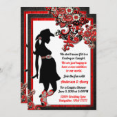 カウボーイ女性のカーボーイブラックレザーレッドホワイトカップル 招待状 (正面/裏面)