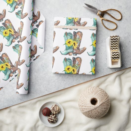 カウボーイ女性のカーボーイブーツ西ひまわりロデオ ラッピングペーパー (クラフト)