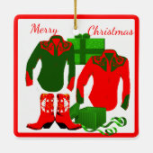 カウボーイ女性のカーボーイロデオウェスタンシャツアンドブーツ セラミックオーナメント (裏面)