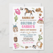 カウボーイ女性のカーボーイ兄弟姉妹ブルーピンク1stロデオパーティー 招待状 (正面)