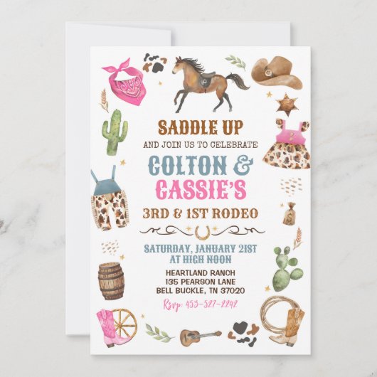カウボーイ女性のカーボーイ兄弟姉妹ブルーピンク1stロデオパーティー 招待状 (正面)