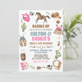 カウボーイ女性のカーボーイ兄弟姉妹ブルーピンク1stロデオパーティー 招待状 (スタンド正面)