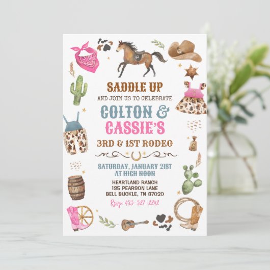 カウボーイ女性のカーボーイ兄弟姉妹ブルーピンク1stロデオパーティー 招待状 (スタンド正面)