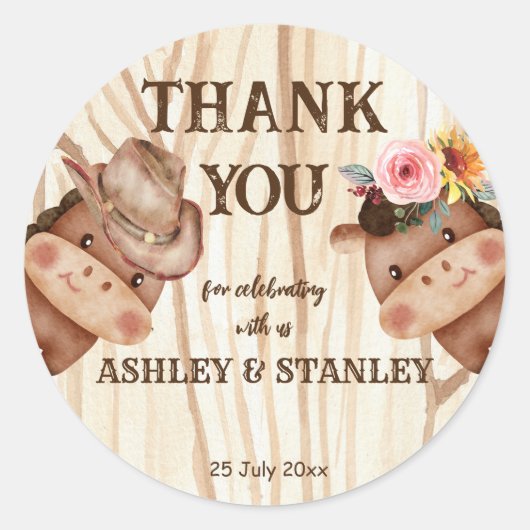 カウボーイ女性のカーボーイ性リビールパーティー ラウンドシール (正面)