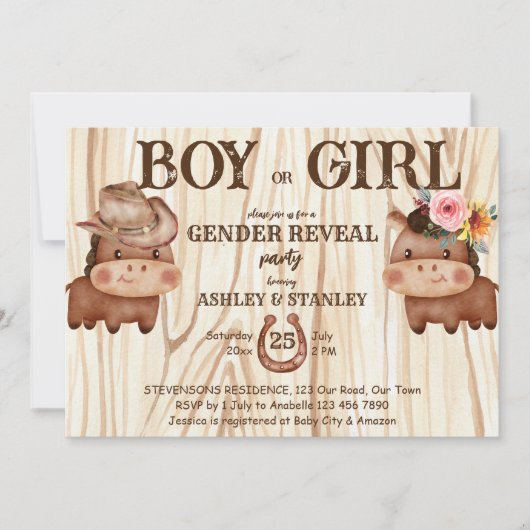 カウボーイ女性のカーボーイ性別パーティーかわいいベビー馬を明かす 招待状 (正面)