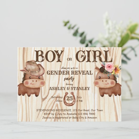 カウボーイ女性のカーボーイ性別パーティーかわいいベビー馬を明かす 招待状 (スタンド正面)