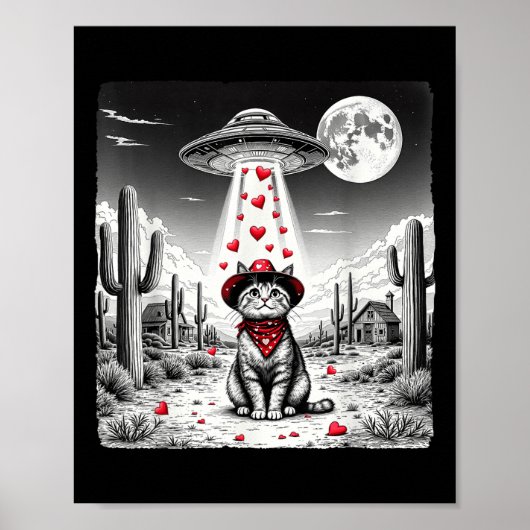カウボーイ猫UFOミーム 面白い猫UFO バレンタインデー ポスター (正面)