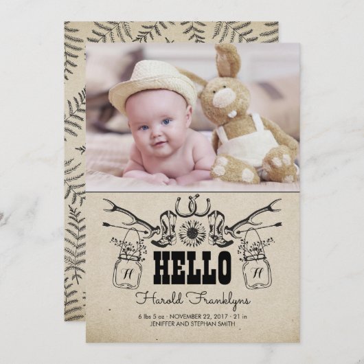 カウボーイ生まれたばかりのベビー写真誕生のお知らせ 案内状 (正面/裏面)