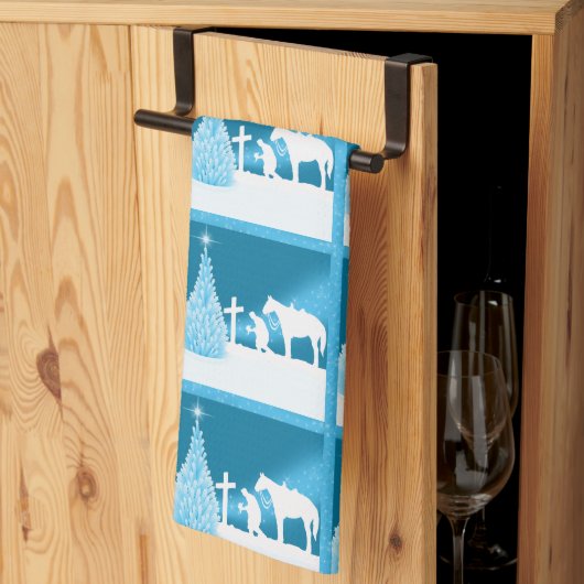 カウボーイ祈の雪のシーン西クリスマス キッチンタオル (三つ折り)