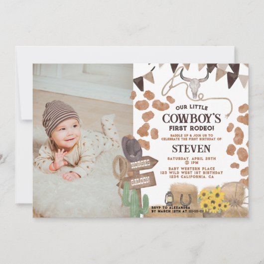 カウボーイ素朴ウェスタン写真最初のロデオ誕生日 招待状 (正面)