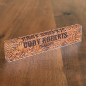 カウボーイ素朴ウエスタンカントリー工具革プリント デスクネームプレート (側面)