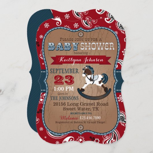 カウボーイ素朴ウエスタンロッキングホース赤ちゃんシャワー 招待状 (正面/裏面)