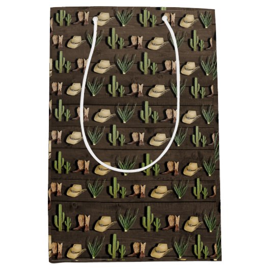 カウボーイ素朴ウエスタンロデオ木製バースデーパーティー ミディアムペーパーバッグ (正面)