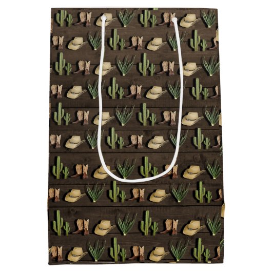 カウボーイ素朴ウエスタンロデオ木製バースデーパーティー ミディアムペーパーバッグ (裏面)