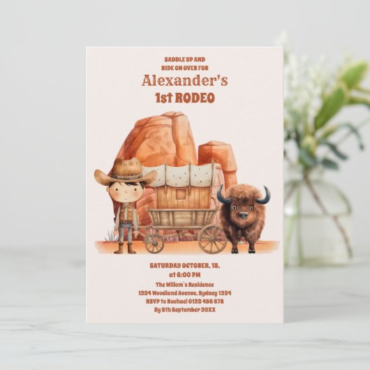 カウボーイ素朴ウエスタン牛最初のロデオ1歳の誕生日 招待状 (スタンド正面)