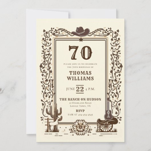 カウボーイ素朴カントリーウエスタンフレーム70誕生日 招待状 (正面)