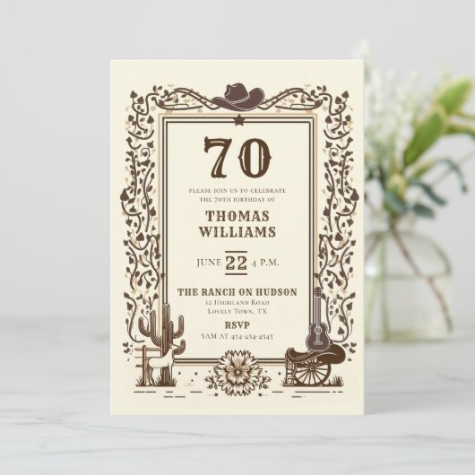 カウボーイ素朴カントリーウエスタンフレーム70誕生日 招待状 (スタンド正面)