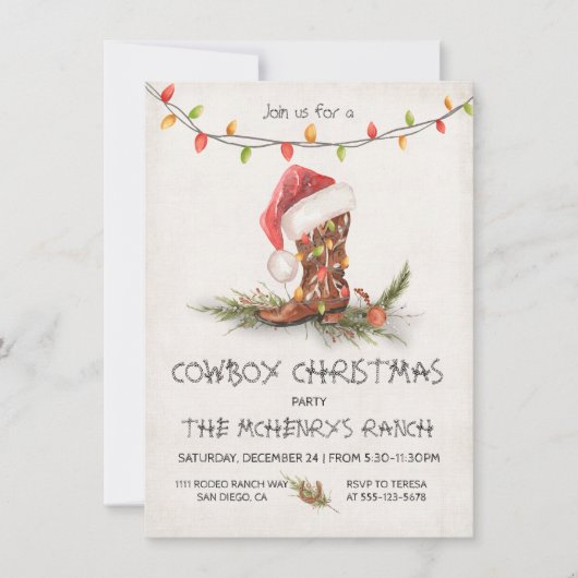 カウボーイ素朴クリスマス水カラーパーティー 招待状 (正面)