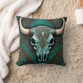 カウボーイ素朴ティール(緑がかった色)カントリーウエスタンブルスカル クッション (ブランケット)