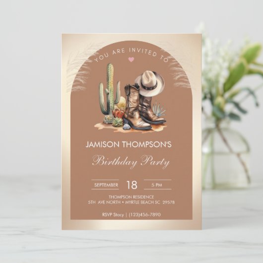 カウボーイ素朴ハットとブーツウォーターのカラー誕生日 招待状 (スタンド正面)